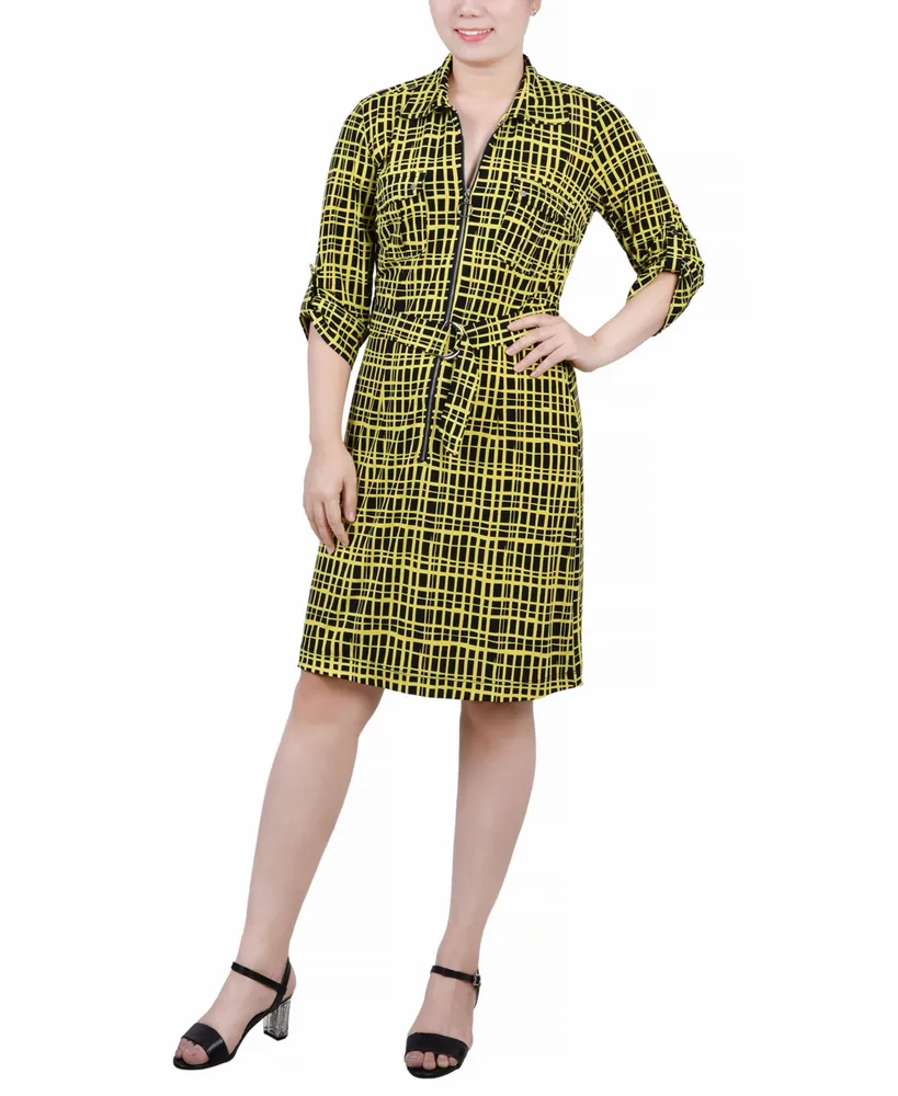 Ny Collection Petite Belted Roll Tab Zip Front Shirtdress - Golden