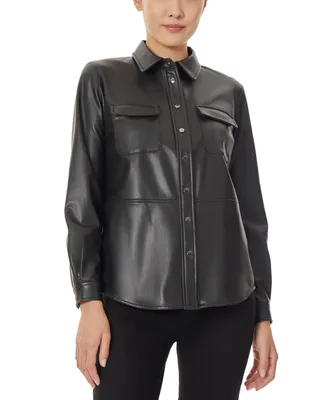 Jones New York Women's Faux Leather Snap Front Utility Blouse