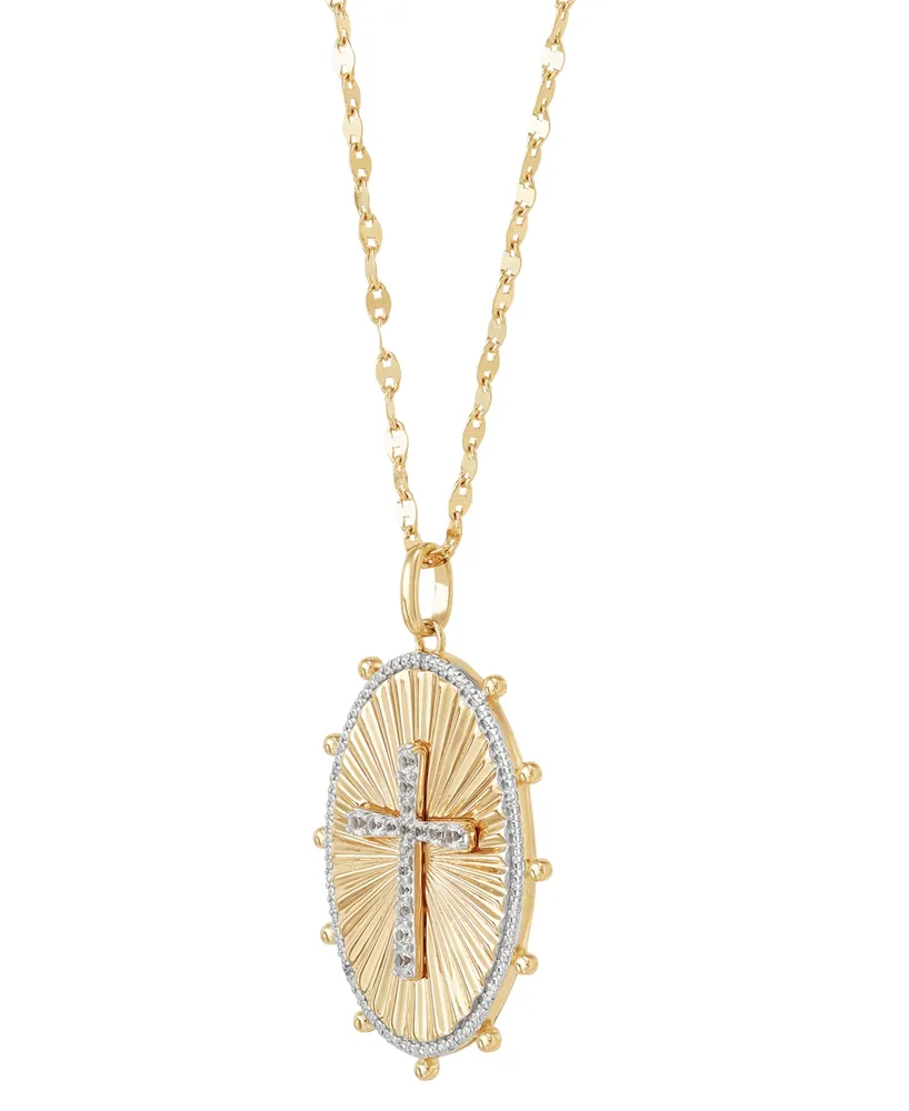 Lab-Grown White Sapphire (1/4 ct. t.w.) & Diamond Accent Cross Oval Pendant Necklace in 14k Gold-Plated Sterling Silver, 16" + 2" extender
