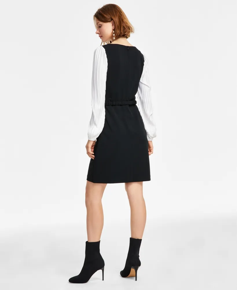 Dkny Pleated-Sleeve Round-Neck Belted Dress