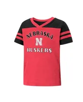 Girls Toddler Colosseum Scarlet, Black Nebraska Huskers Piecrust Promise Striped V-Neck T-shirt