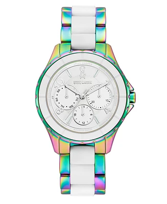 Steve Madden Women's Analog Rainbow Alloy and White Silicone Center Link Bracelet Watch, 40mm