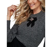 CeCe Women's Long Sleeve Bow Detail Crewneck Sweater