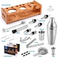 24 Piece Professional Stainless Steel Bartender Set with Bamboo Stand