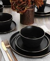 Elama Flat, Raised Rim, Gold-Tone Trim Mateo 16 Piece Stoneware Dinnerware Set, Service for 4