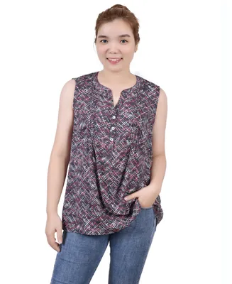 Ny Collection Petite Sleeveless Printed Pintucked Blouse