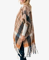 Marcus Adler Women's Plaid Poncho with Fringe Detail