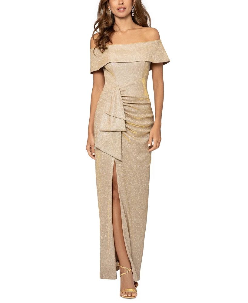 Xscape Women's Off-The-Shoulder Draped-Detail Leg-Slit Gown