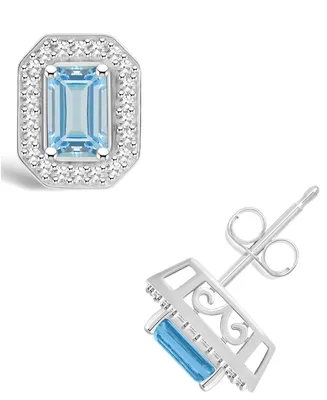 Macy's Aquamarine (1 ct. t.w.) and Diamond (1/5 ct. t.w.) Halo Studs in Sterling Silver