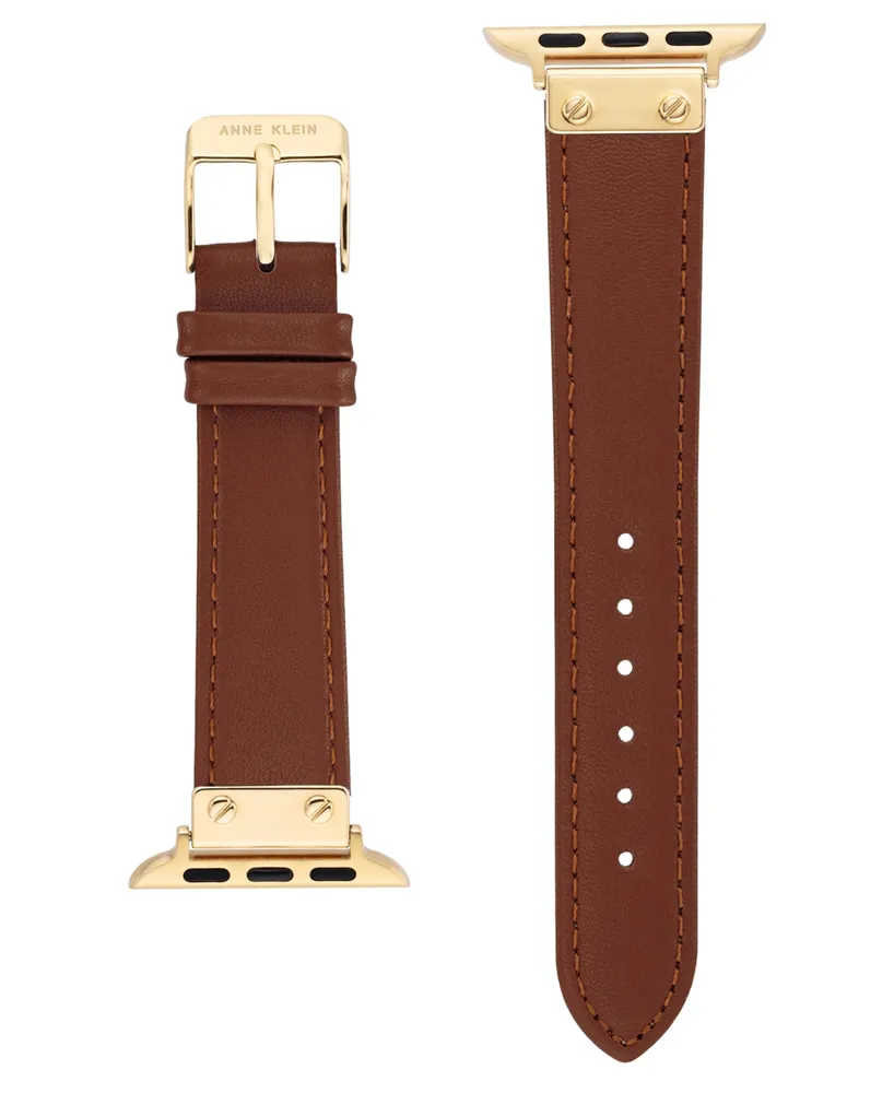 Anne Klein Women's Brown Genuine Leather Band Compatible with 42/44/45/Ultra/Ultra 2 Apple Watch - Brown, Gold