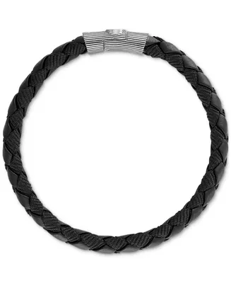 Esquire Men's Jewelry Black Leather Woven Bracelet Sterling Silver (Also Brown & Blue Leather), Created for Macy's