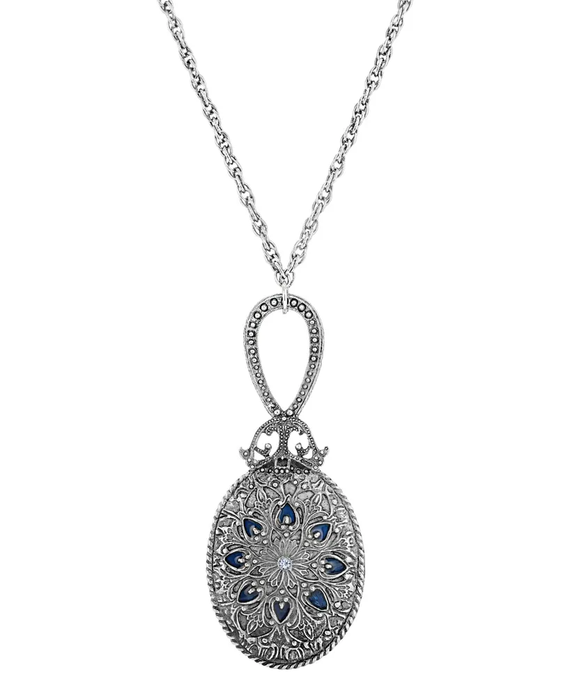 2028 Silver-Tone, Pewter Oval Mirror With Blue Enamel and Light Sapphire Necklace