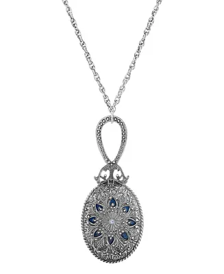 2028 Silver-Tone, Pewter Oval Mirror With Blue Enamel and Light Sapphire Necklace