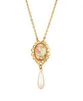 2028 Gold-Tone Flower Decal Oval Drop Necklace