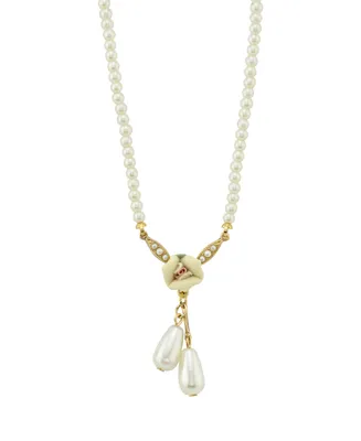 2028 Gold-Tone Porcelain Rose and Imitation Pearl Drop Necklace