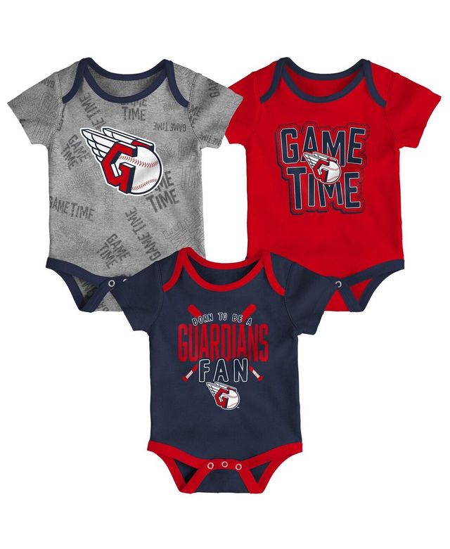 Newborn and Infant Boys and Girls Cleveland Guardians Navy, Red, Heathered Gray Game Time Three-Piece Bodysuit Set
