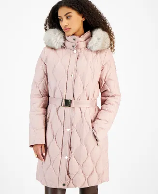 Michael Kors Women's Belted Faux-Fur-Trimmed Hooded Puffer Coat