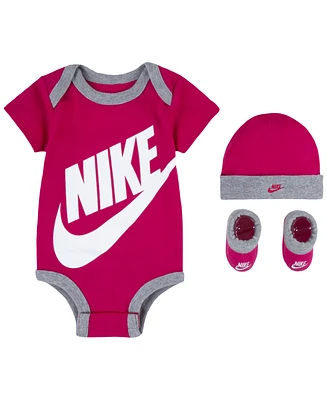 Nike Baby Boys or Baby Girls Futura Logo Bodysuit, Beanie, and Booties, 3 Piece Gift Box Set