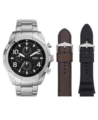 Fossil Men's Bronson Chronograph, Silver-Tone Stainless Steel Bracelet Watch, 50mm and Interchangeable Brown Leather Strap, Black Silicone Band Set