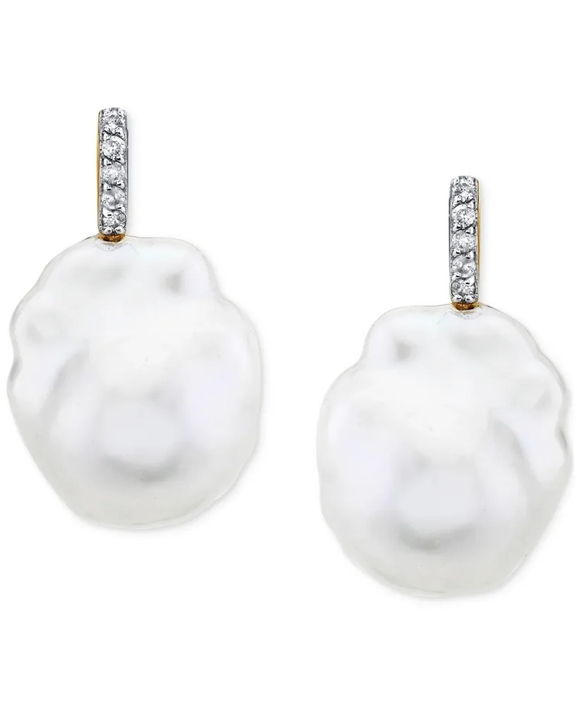 Cultured Freshwater Baroque Pearl (13mm) & Diamond Accent Stud Earrings in 14k Gold