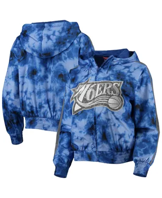Women's Mitchell & Ness Royal Philadelphia 76ers Galaxy Sublimated Windbreaker Pullover Full-Zip Hoodie Jacket