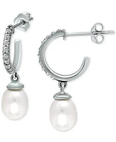 Giani Bernini Freshwater Pearl (8 x 6mm) & Cubic Zirconia Dangle Hoop Earrings, Created for Macy's