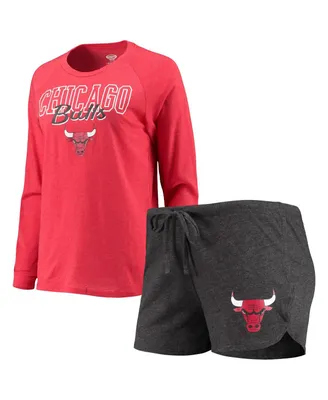 Women's Concepts Sport Heathered Black, Red Chicago Bulls Raglan Long Sleeve T-Shirt & Shorts Sleep Set