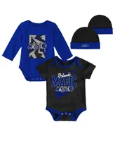 Newborn and Infant Boys Girls Mitchell & Ness Black, Blue Orlando Magic 3-Piece Hardwood Classics Bodysuits Cuffed Knit Hat Set