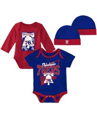 Newborn and Infant Boys Girls Mitchell & Ness Blue, Red Philadelphia 76ers 3-Piece Hardwood Classics Bodysuits Cuffed Knit Hat Set