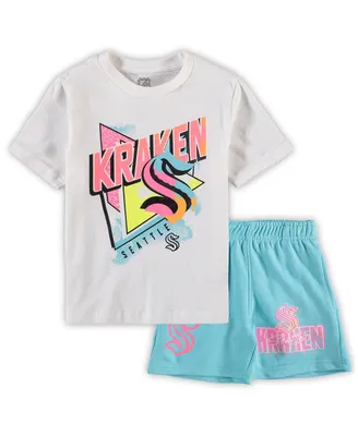 Preschool Boys and Girls White, Light Blue Seattle Kraken Wave Breaker T-shirt Shorts Set