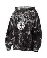 Women's Majestic Threads Black Brooklyn Nets Burble Tie-Dye Tri-Blend Pullover Hoodie