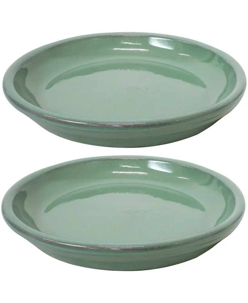 Ceramic Outdoor Flower Pot Saucers Set of 2 - Uv- and Frost-Resistant - Seafoam Glazed Finish