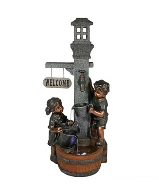 Sunnydaze Decor 40-Inch Children Playing with Faucet Outdoor Fountain Statue with Led Lights