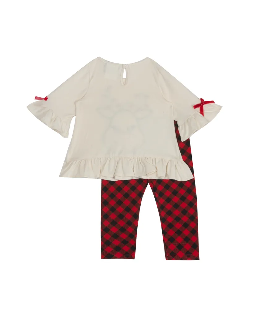 Rare Editions Baby Girls Solid Knit top with Reindeer Applique and Check Printed Legging Set, 2 Piece