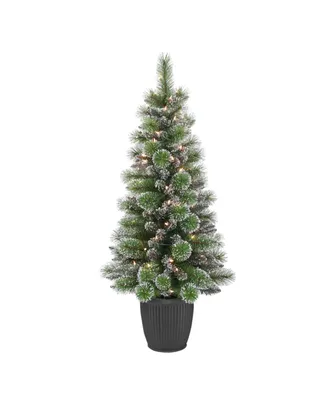 Puleo Pre-Lit Potted Glitter Artificial Christmas Tree with 70 Lights, 4'