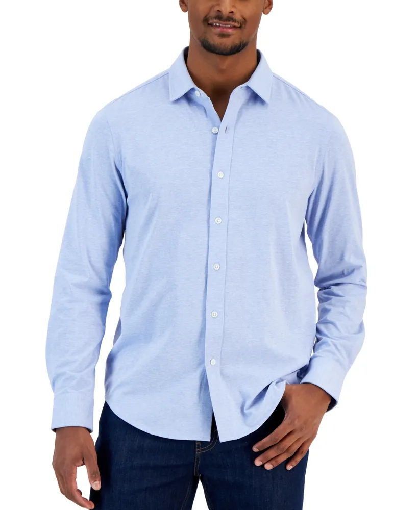 Alfani Men's Classic-Fit Heathered Jersey-Knit Button-Down Shirt, Created for Macy's