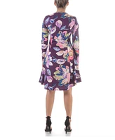 24seven Comfort Apparel Women's Floral Long Sleeve Knee Length Dress