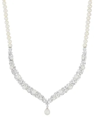 Arabella Cultured Freshwater Button & Potato Pearl (5-11mm) & Cubic Zirconia Fancy Collar Necklace in Sterling Silver, 16" + 2" extender