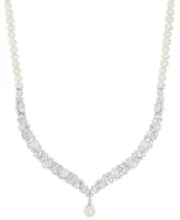 Arabella Cultured Freshwater Button & Potato Pearl (5-11mm) & Cubic Zirconia Fancy Collar Necklace in Sterling Silver, 16" + 2" extender