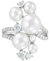 Arabella Cultured Freshwater Button Pearl (4 - 9-1/2mm) & Cubic Zirconia Cluster Ring in Sterling Silver