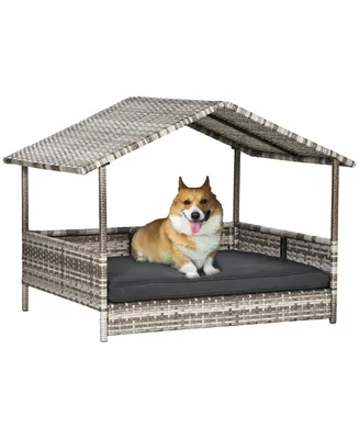 PawHut Elevated Wicker Dog House, Raised Rattan Pet Bed Cabana Canopy