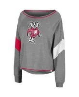 Women's Colosseum Heathered Gray Wisconsin Badgers Amped Chevron Stripe Raglan Boat Neck Pullover Sweatshirt