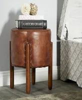 Rosemary Lane Teak Wood Handmade Upholstered Leather Stool with Wood Legs, 17" x 17" x 20"