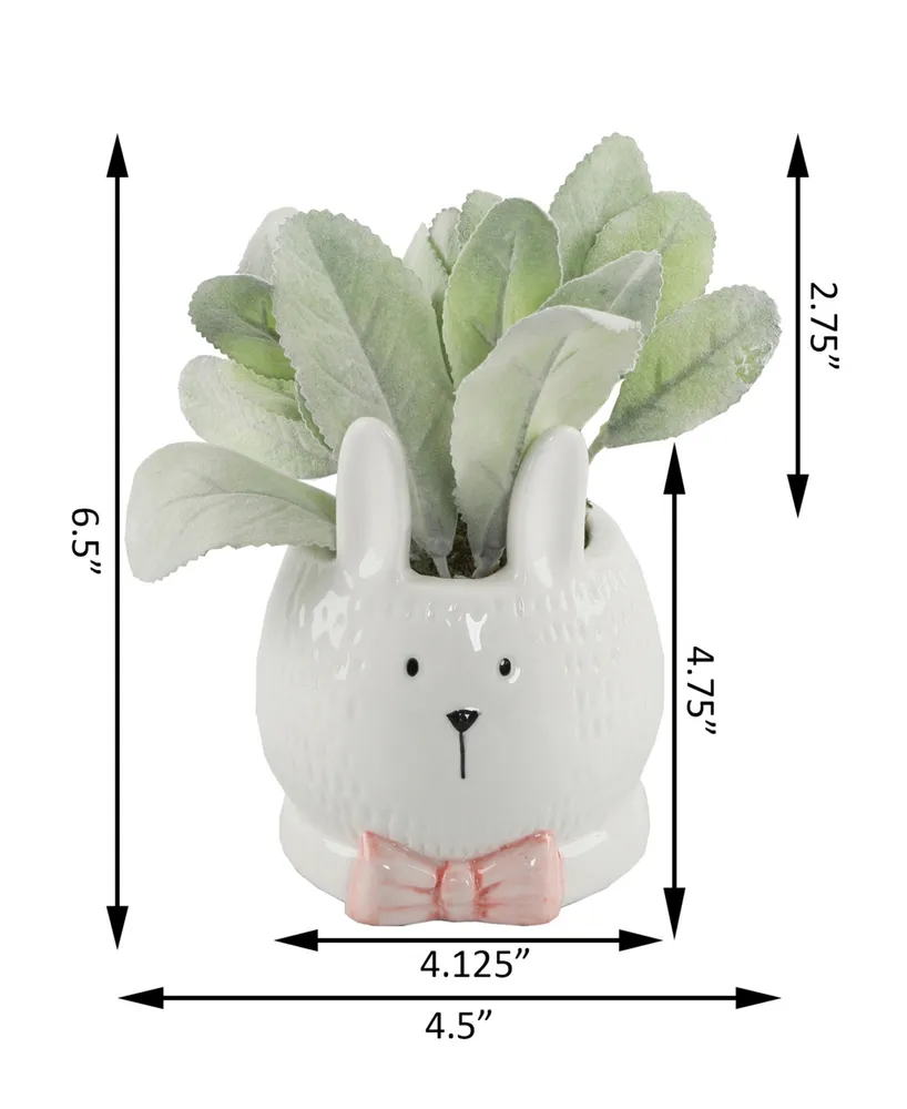 Flora Bunda Lamb's Ear Ceramic Bunny with Pink Bow, 4"