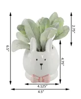 Flora Bunda Lamb's Ear Ceramic Bunny with Pink Bow, 4"