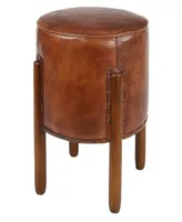 Rosemary Lane Teak Wood Handmade Upholstered Leather Stool with Wood Legs, 17" x 17" x 20"