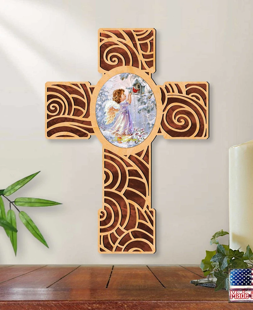 Designocracy Red Robin Girl Angel Inspirational Wooden Modern Cross