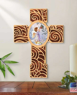 Designocracy Red Robin Girl Angel Inspirational Wooden Modern Cross