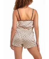 iCollection Women's Kaieen Dotted Satin Romper with Button Down Lace Overlay