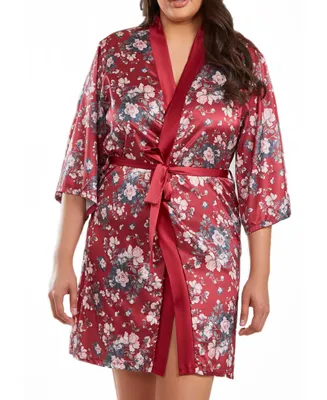 iCollection Jenna Plus Contrast Satin Floral Robe with Self Tie Sash, 1 Piece